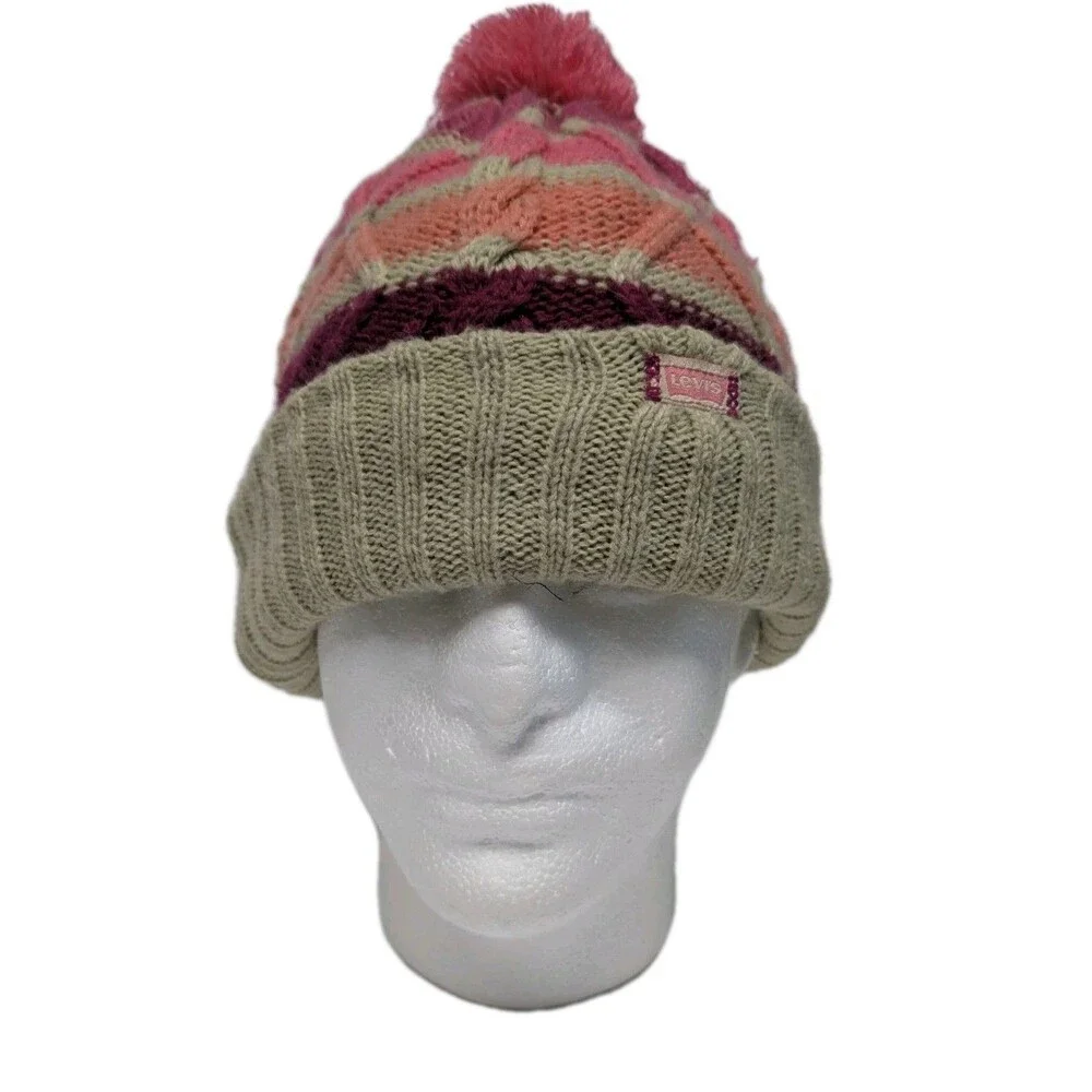 Levi's Beanie Hat Stripes Youth 7-16 Cable Knit Pinks & Beige Pom Pom Ribbed